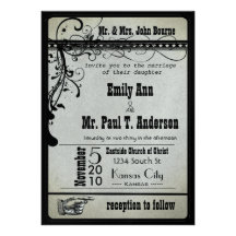 Black Funky Textured Playbill Swirls Wedding Personalized Invitations