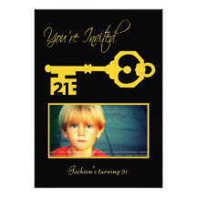 Black & Gold 21st Birthday Party Key Invitation