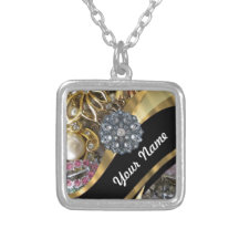 Black & gold bling personalized necklace