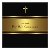 Black Gold Cross Boys First Communion Custom Announcements