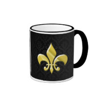 Black/Gold Damask Fleur de Lis Coffee Mug