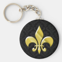 Black/Gold Damask Fleur de Lis Keychain