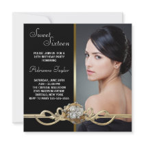 Black Gold Diamonds Photo Sweet Sixteen Birthday Personalized Announcements