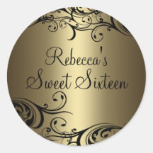 Black/Gold Floral Swirl Sweet 16 Sticker