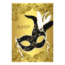 Black Gold Mask Masquerade Ball Party RSVP Custom Announcement