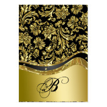 Black & Gold Metallic Look Floral Damasks Business Card Template