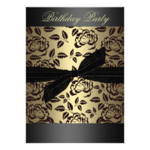 Black/Gold Rose & Bow Birthday Invitation