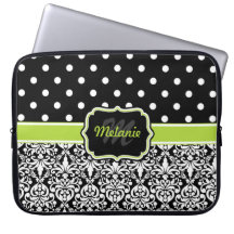 Black Green Monogrammed Damask Polka Dot Laptop Computer Sleeve