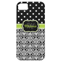 Black Green Monogrammed Damask Polka Dots Pattern Case For The iPhone 5