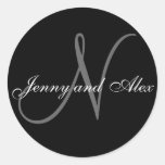 Black Grey Monogram N Bride Groom Names Wedding Round Stickers