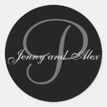 Black Grey Monogram P Bride Groom Names Wedding Round Sticker