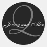 Black Grey Monogram Q Bride Groom Names Wedding Round Sticker