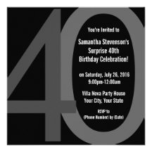 Black/Grey Square Big 40 Birthday Party Invitation
