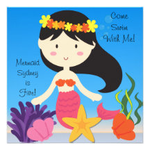 Black Haired  Mermaid Custom Birthday Invitation