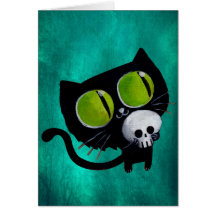 Black Halloween Cat with Skull Greeting Cards