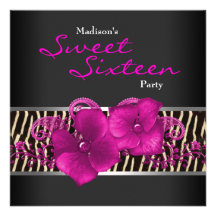 Black Hot Pink Zebra Sweet 16 Birthday Party Personalized Announcement