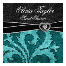 Black Jade Green Glitter Sweet Sixteen Birthday Custom Invitation