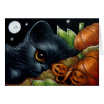 BLACK KITTEN CAT & PUMPKIN BUTTERFLY - HALLOWEEN C CARDS