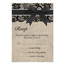 Black Lace and Burlap Wedding RSVP Card Invite