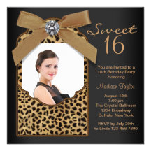 Black Leopard Photo Sweet 16 Birthday Party Custom Invitations