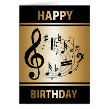 Black musical notes in oval shape on gold birthday card