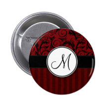Black on Red Floral Wisps & Stripes with Monogram Pins
