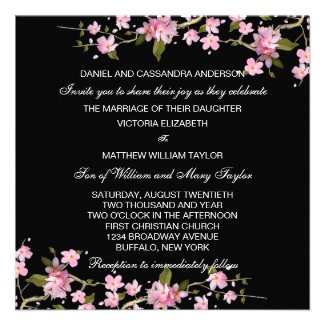 Black Pink Japanese Cherry Blossoms Wedding Custom Announcement