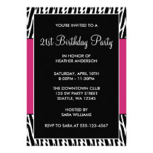 Black & Pink Zebra 21st Birthday Party Invitations