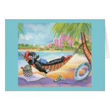 Black Poodle Vacation in Hawaii Greeting Cards