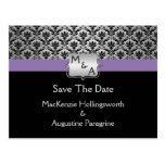 Black Purple Silver Monogram Damask Save The Date Post Card