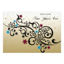 Black Red Blue Scroll Snowflake New Years Eve Personalised Invitation