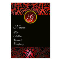 BLACK RED DAMASK MONOGRAM ,Ruby Silver Business Cards