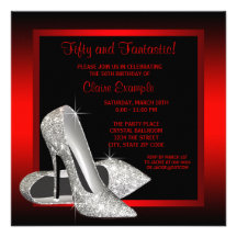 Black Red Glitter High Heels Womans 50th Brithday Invitation