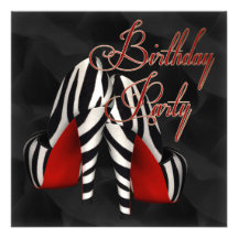 Black Red Zebra High Heel Shoe Birthday Party Personalized Invite