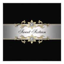 Black Silver Gold Classy Sweet Sixteen Party Custom Invites