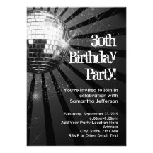Black Sparkle Disco Ball 30th Birthday Party Personalised Invites