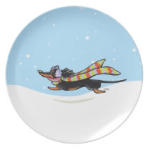 Black Tan Dachshund Cold Run Winter Plates