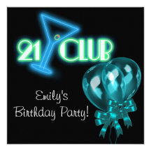 Black Teal Blue Balloons Girls Black 21st Birthday Custom Invitations