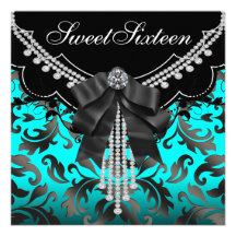 Black Teal Blue Sweet Sixteen Birthday Party Personalised Invite