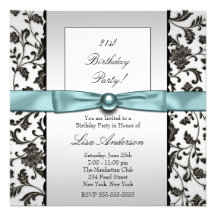 Black Tie Damask Womans 21st Birthday Party Invitations
