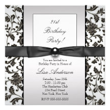 Black Tie Damask Womans 21st Birthday Party Personalised Invites