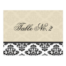 Black White and Ivory Damask Wedding Table Number Postcards