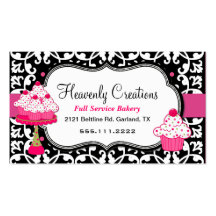 Black, White, and Pink Damask Bakery Business Card