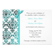 Black White Aqua Damask Floral Wedding Invitation