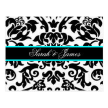 black white & aqua Damask wedding set Post Cards
