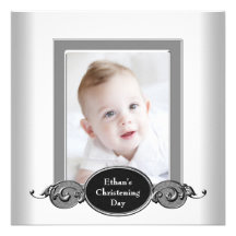 Black White Baby Boy Photo Christening Custom Invitation
