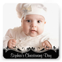 Black White Baby Photo Christening Custom Invite