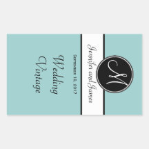 Black White Blue Monogram Wedding Wine Label Sticker