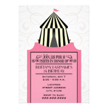 Black & White Circus Tent w Pink Ticket Birthday Personalised Invite