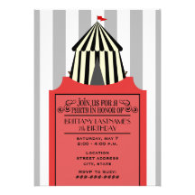 Black & White Circus Tent with Red Ticket Birthday Invitations